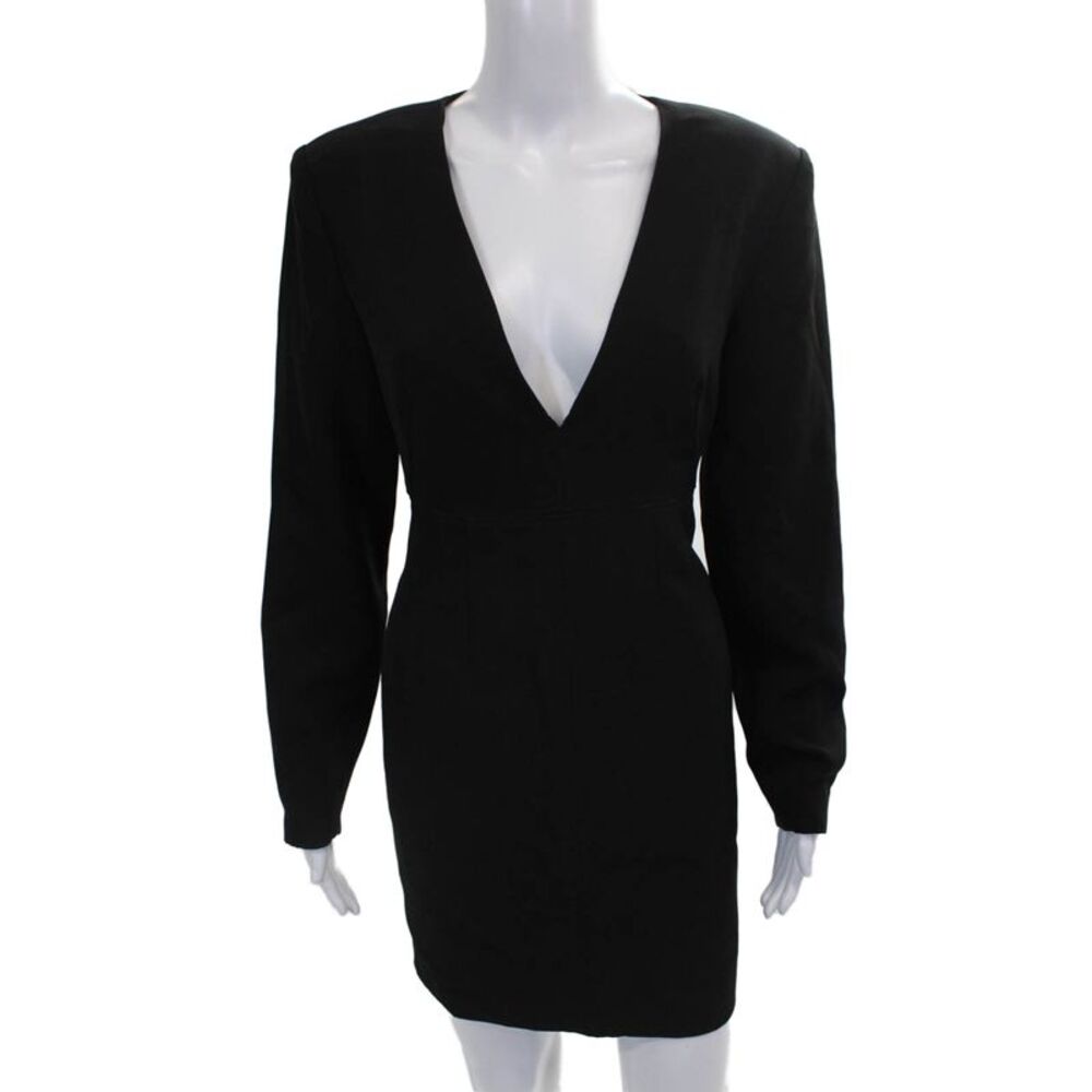 LBV Women Sheath Dress Black V-Neck Long Sleeve Zip Polyester Blend Size 8